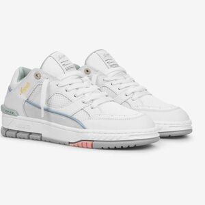 White and Gray Sneakers with Blue and Pink Accents